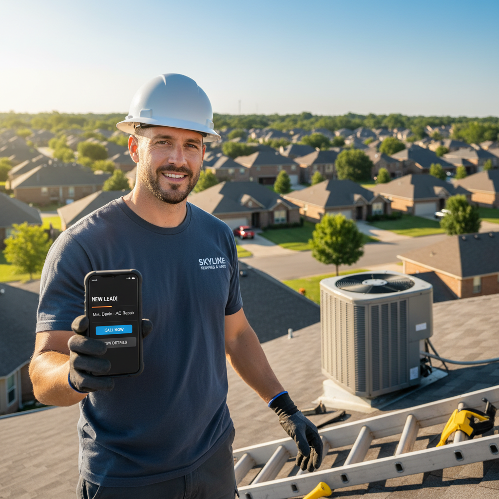 HVAC contractor on a job site receiving a new lead notification on his phone in Northern Virginia