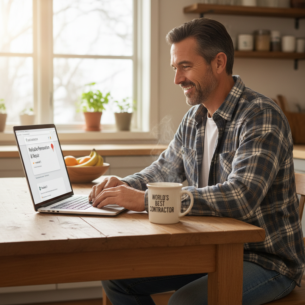 Local contractor checking his Google Business Profile ranking number one in Northern Virginia search results